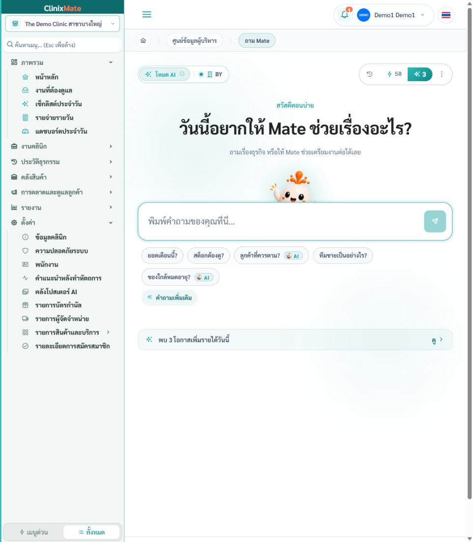 หน้า Ask Mate แสดงช่องถาม โควตา คำถามแนะนำ และ Mate ทำให้ได้
