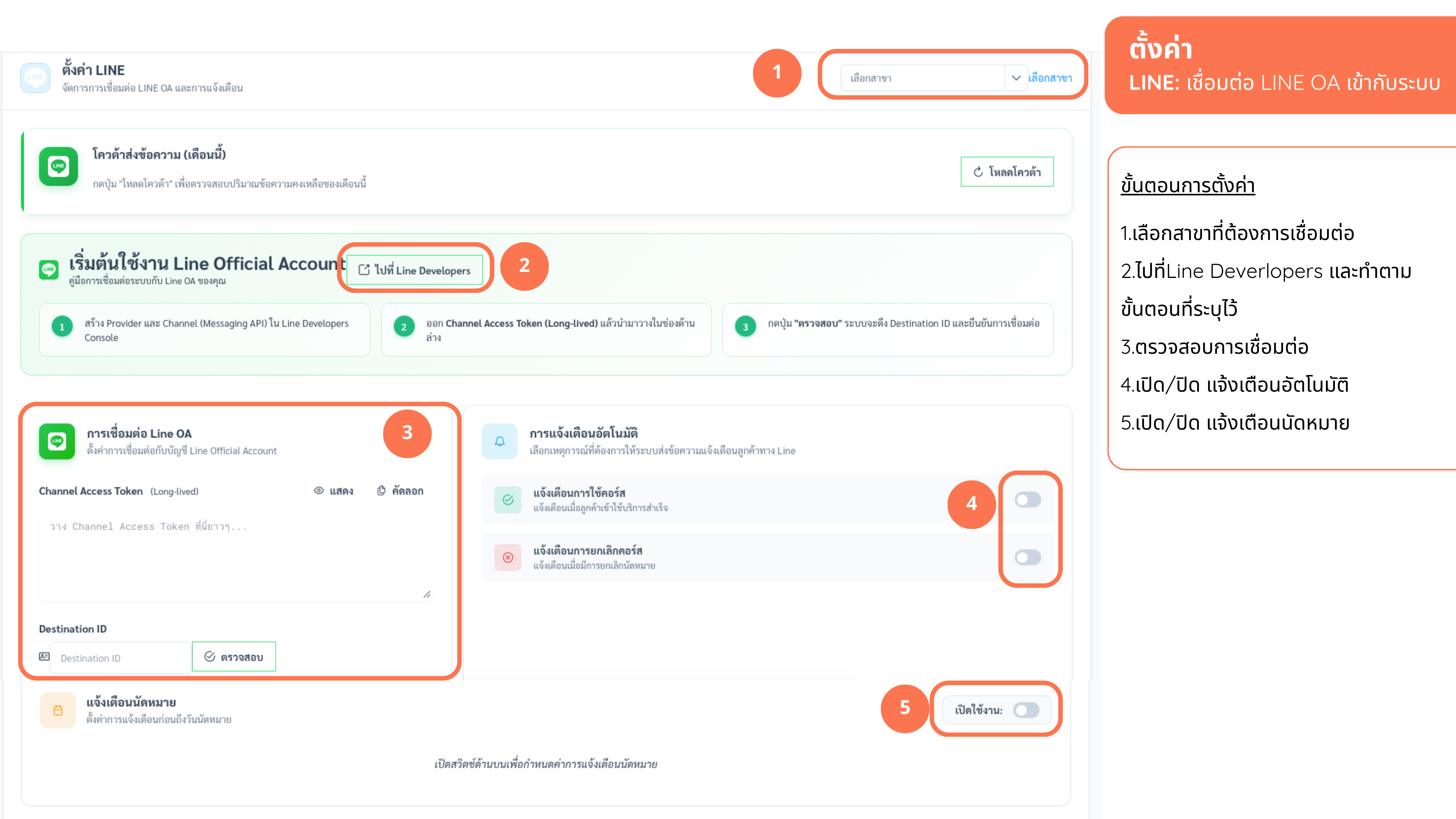 แท็บ “ตั้งค่า LINE” — เชื่อม LINE OA (ทำตามขั้น 1–5)